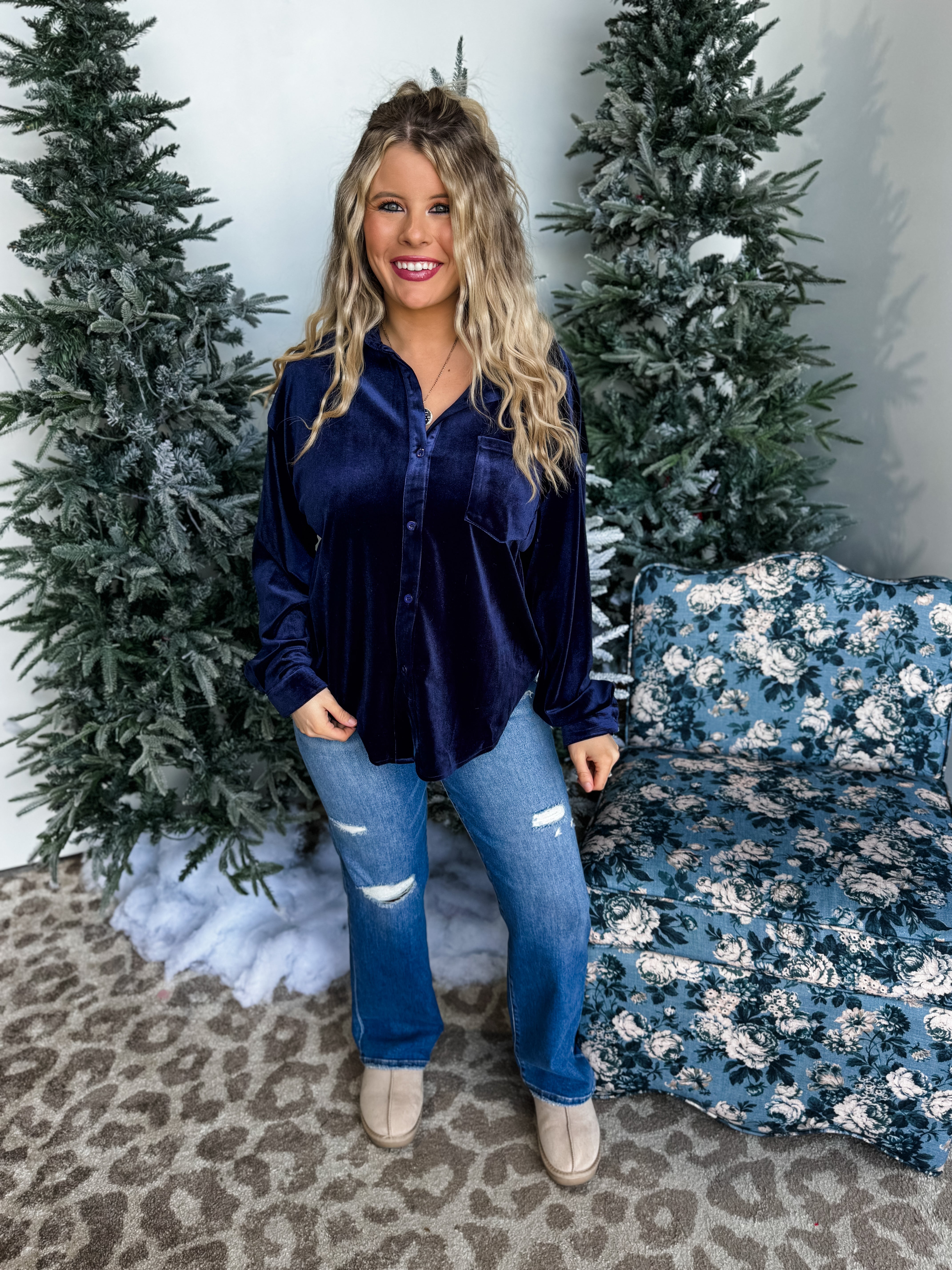 Lantern Luxe Velvet Top - Dark Blue