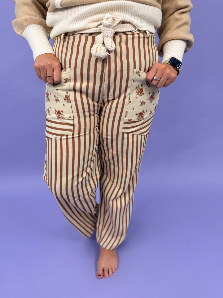 Vintage Bohemian Stripe Patch Pocket Pants