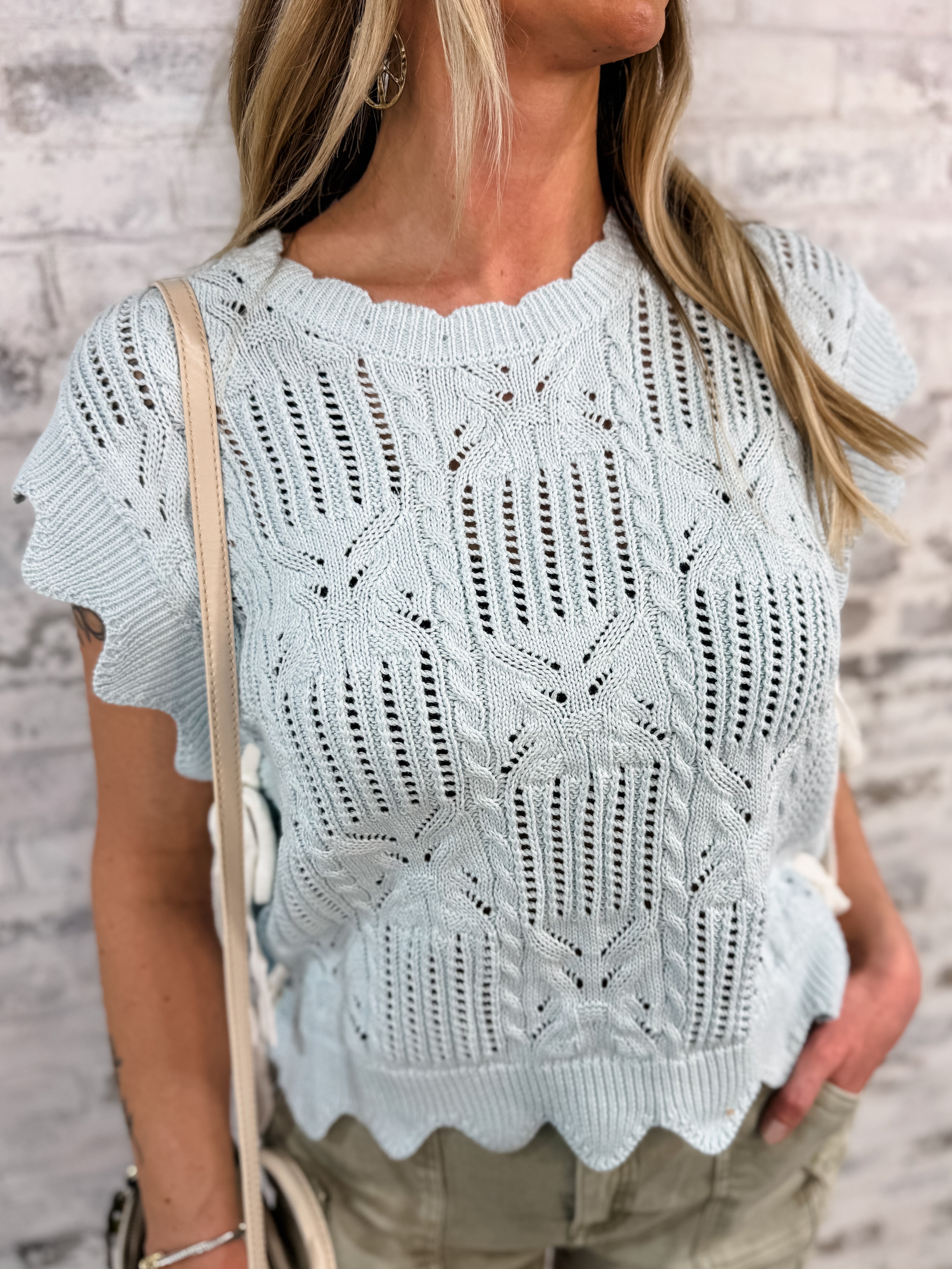 Sweet Scallop Tie Sweater Top - Blue