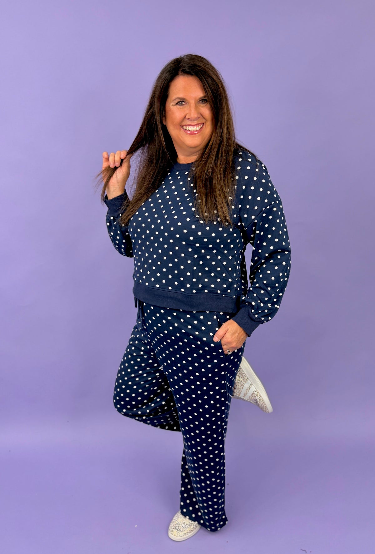 Polka Dot Long Sleeve Top Drawstring Wide Leg Pants Set