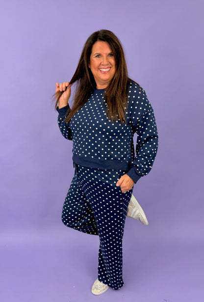 Polka Dot Long Sleeve Top Drawstring Wide Leg Pants Set