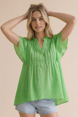 Breezy Textured Flutter Sleeve Blouse - Green