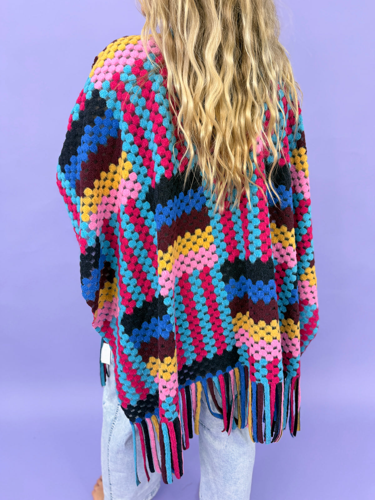 Multi Colorful 3D Textured Geometric Fringe Ruana Cardigan