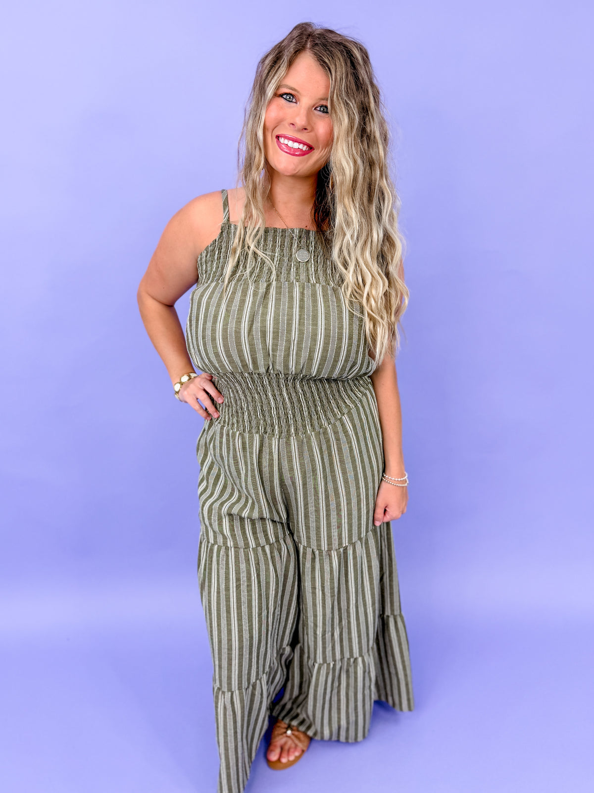 Stripe Woven Smocking Jumpsuit With Adjustable Straps - Final Sale