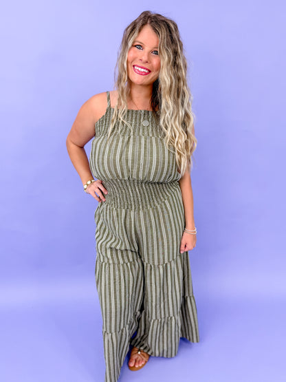 Stripe Woven Smocking Jumpsuit With Adjustable Straps - Final Sale