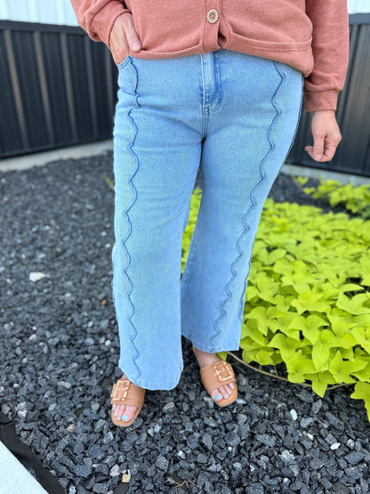 Scalloped Seam Wide Leg Denim Jean