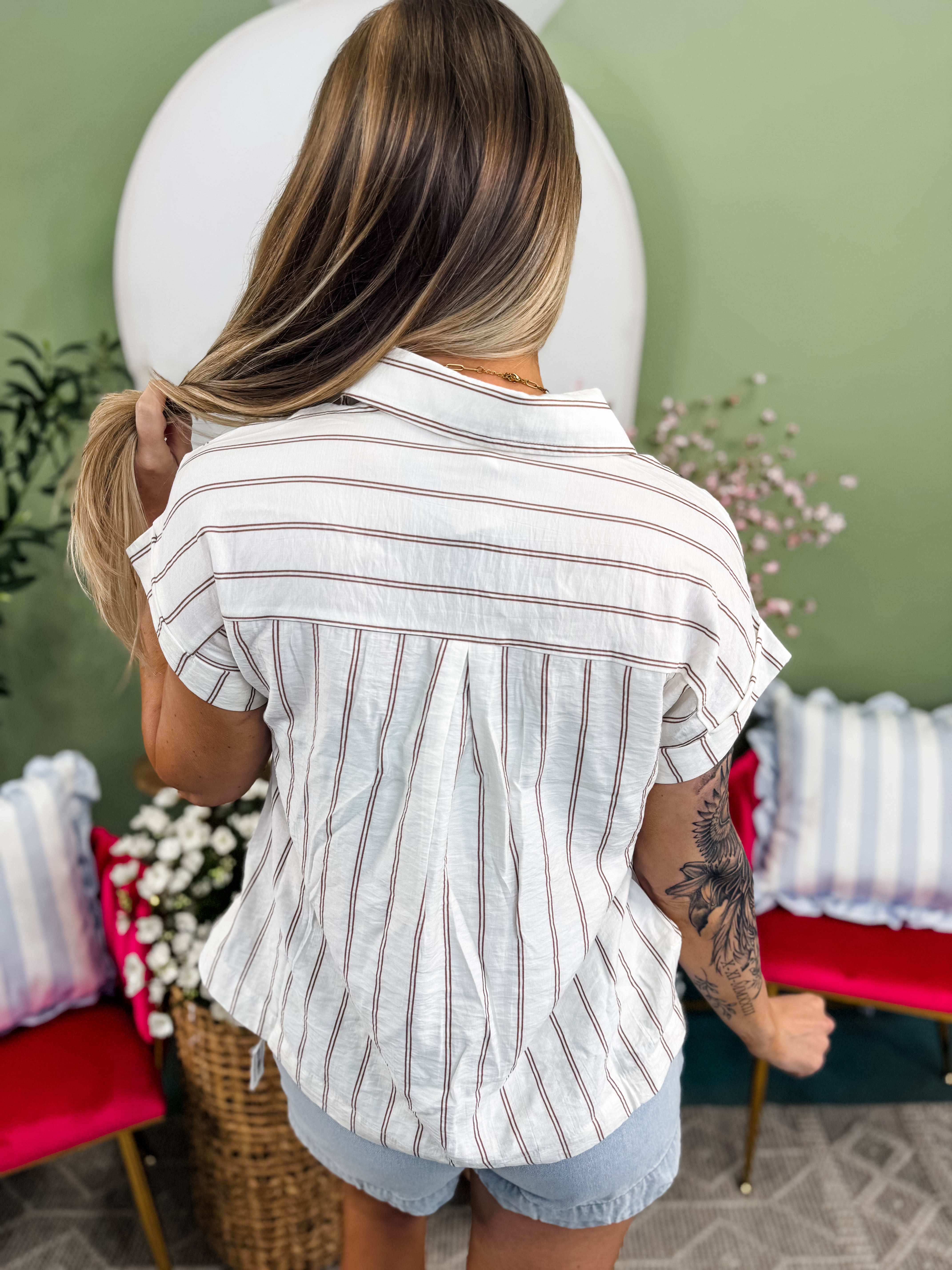 Striped Snap Button Collared Woven Top DOORBUSTER