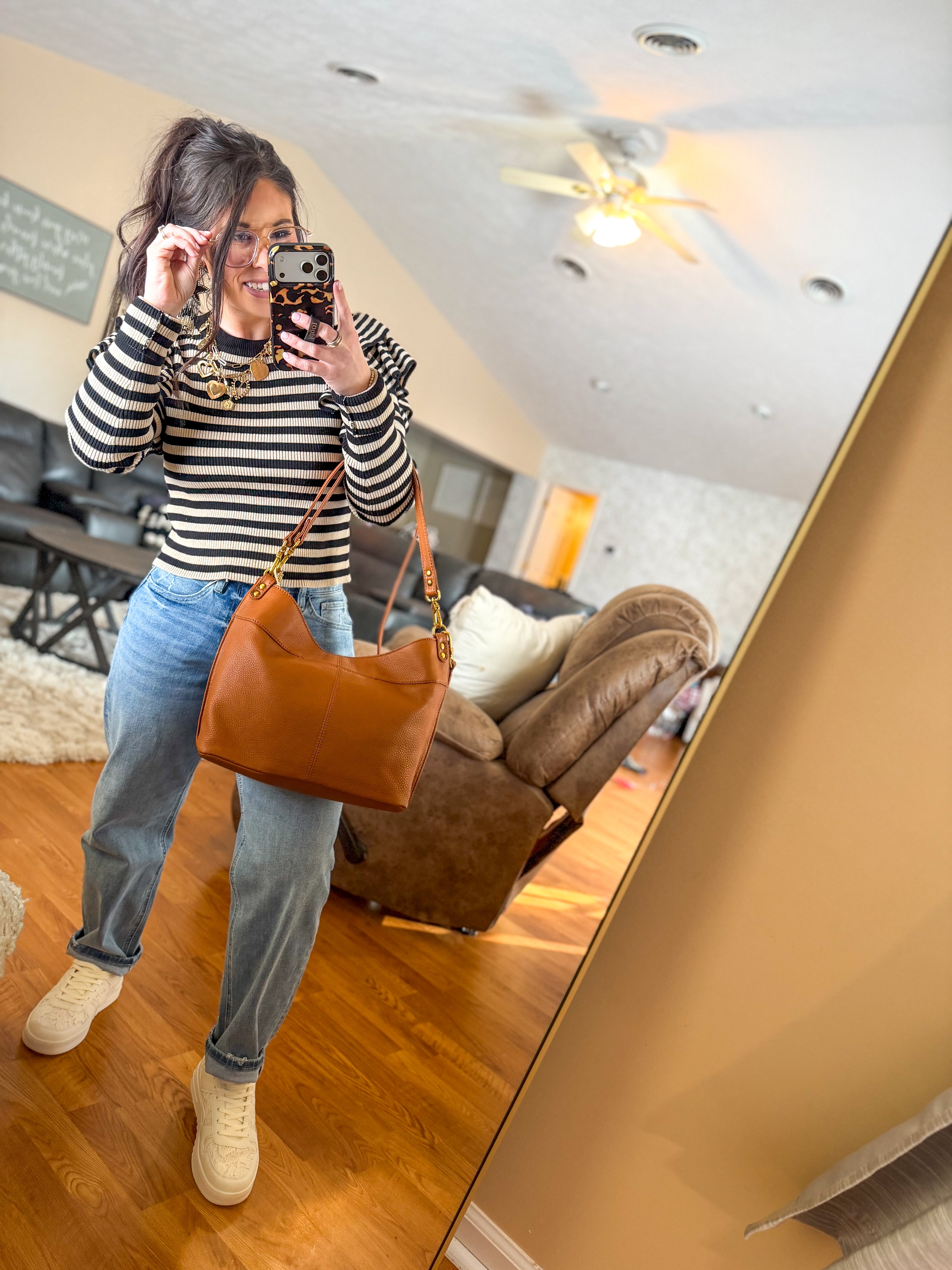 Chic Drift Ruffle Stripe Top - Taupe