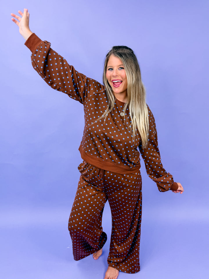 Polka Dot Long Sleeve Top Drawstring Wide Leg Pants Set