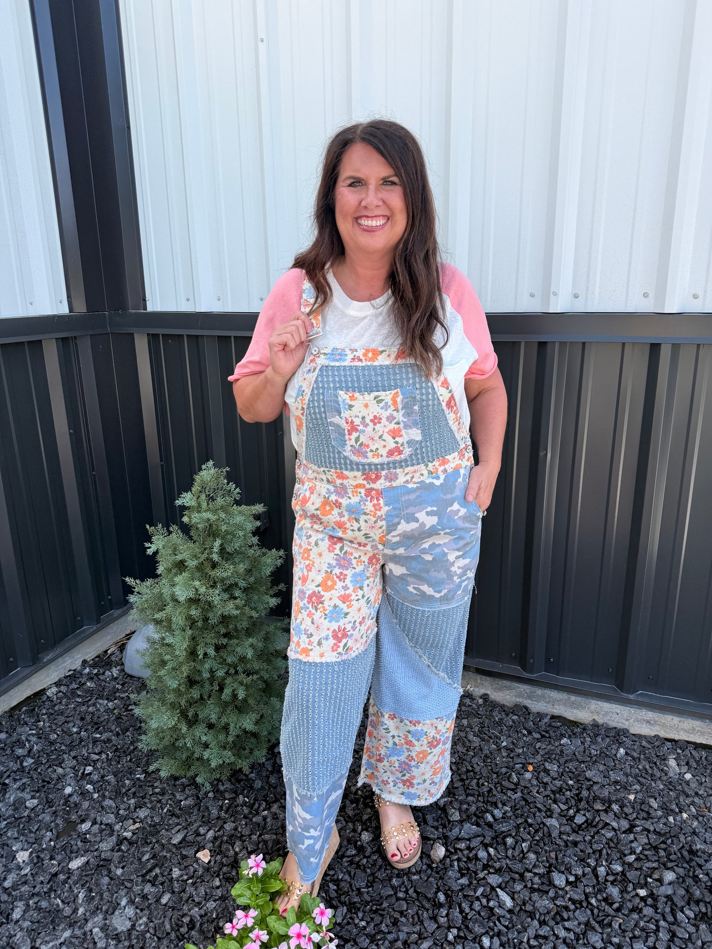 Animal Printed Floral Print Frayed Edge Twill Woven Overalls