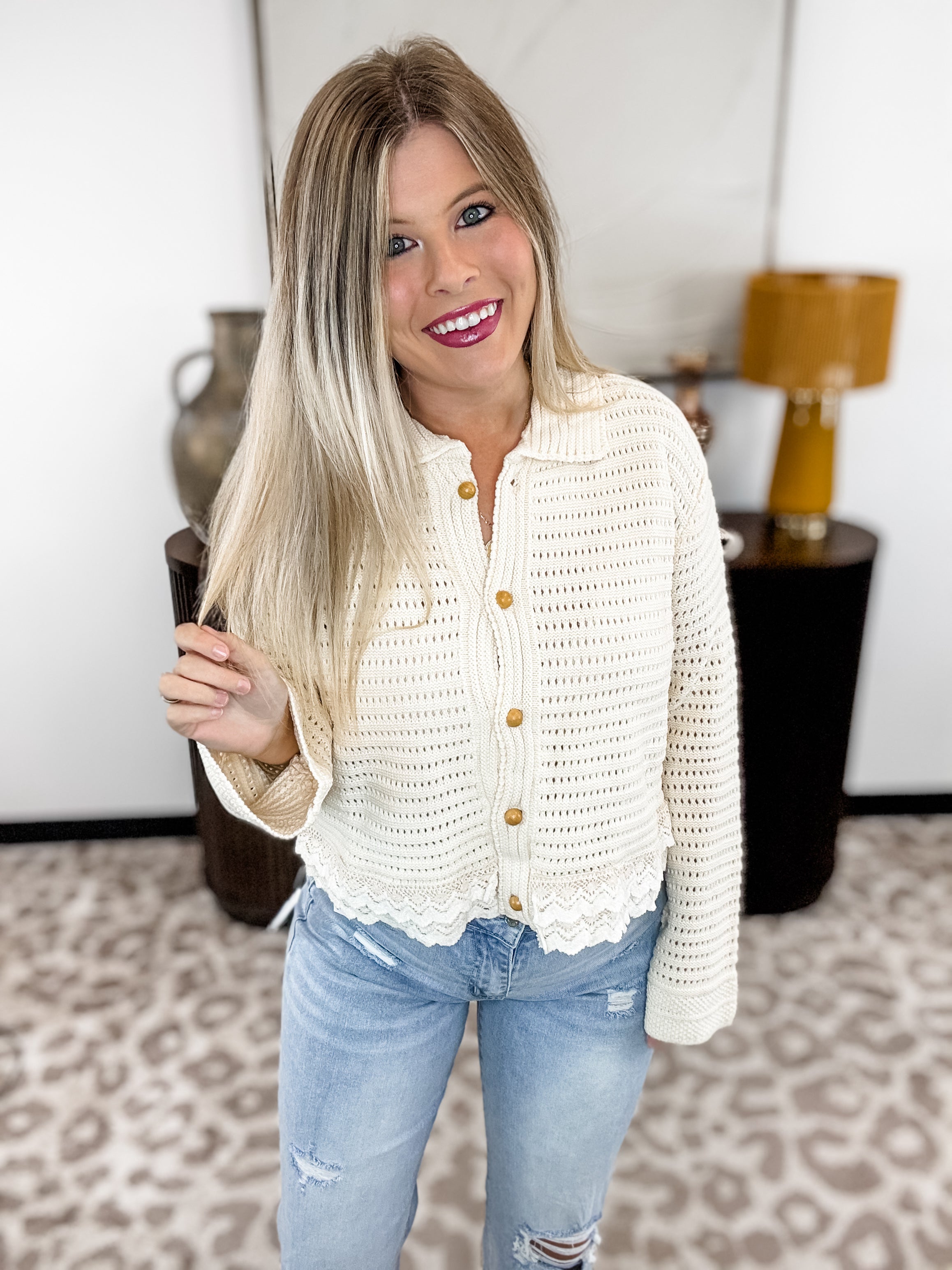 Luxe Lace Wooden Button Cardigan
