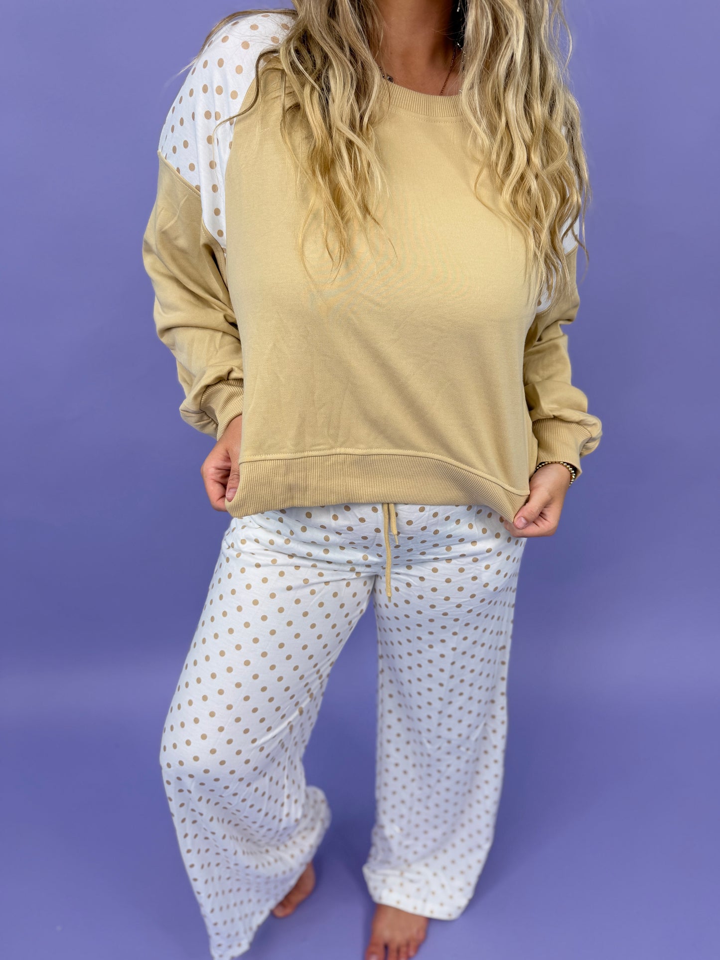 Polka Dot Patchwork Long Sleeve Casual Two Piece Set