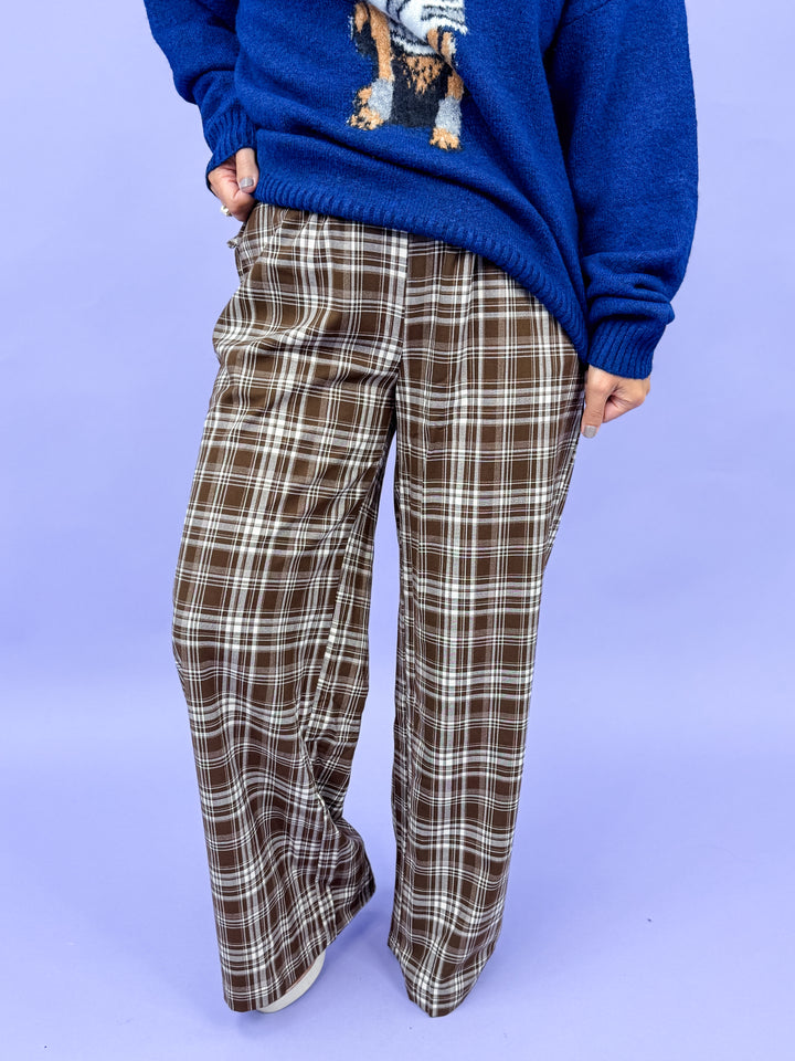 Plaid Check Straight Wide Leg Pants With Waist Tie Ribbon
