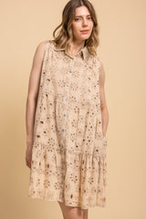 Eyelet Ruffle Button-Up Tunic - Beige