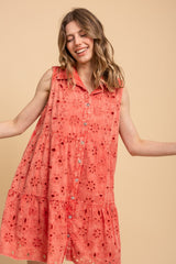 Eyelet Ruffle Button-Up Tunic - Coral