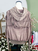Washed Quilted Detail Hooded Pullover Top - Mocha