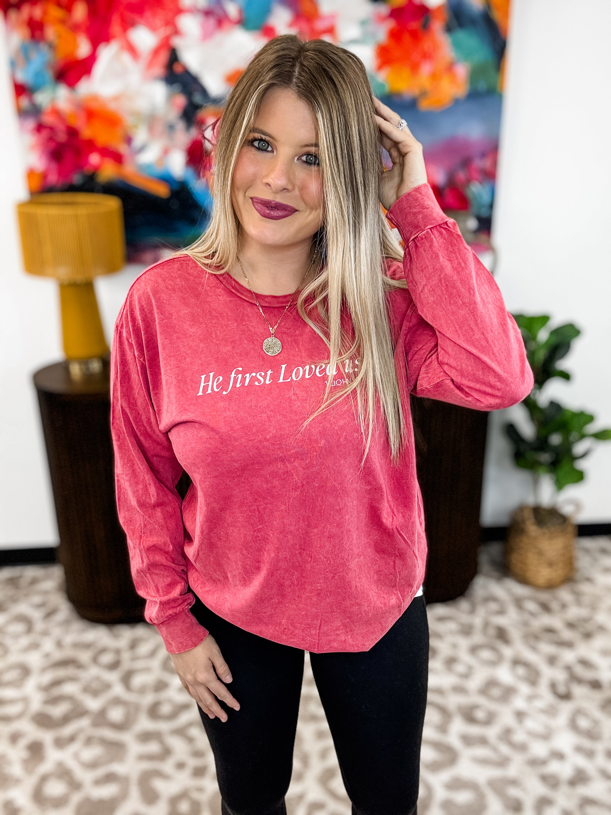 He First Loved Us Long Sleeve Graphic Top - Cardinal
