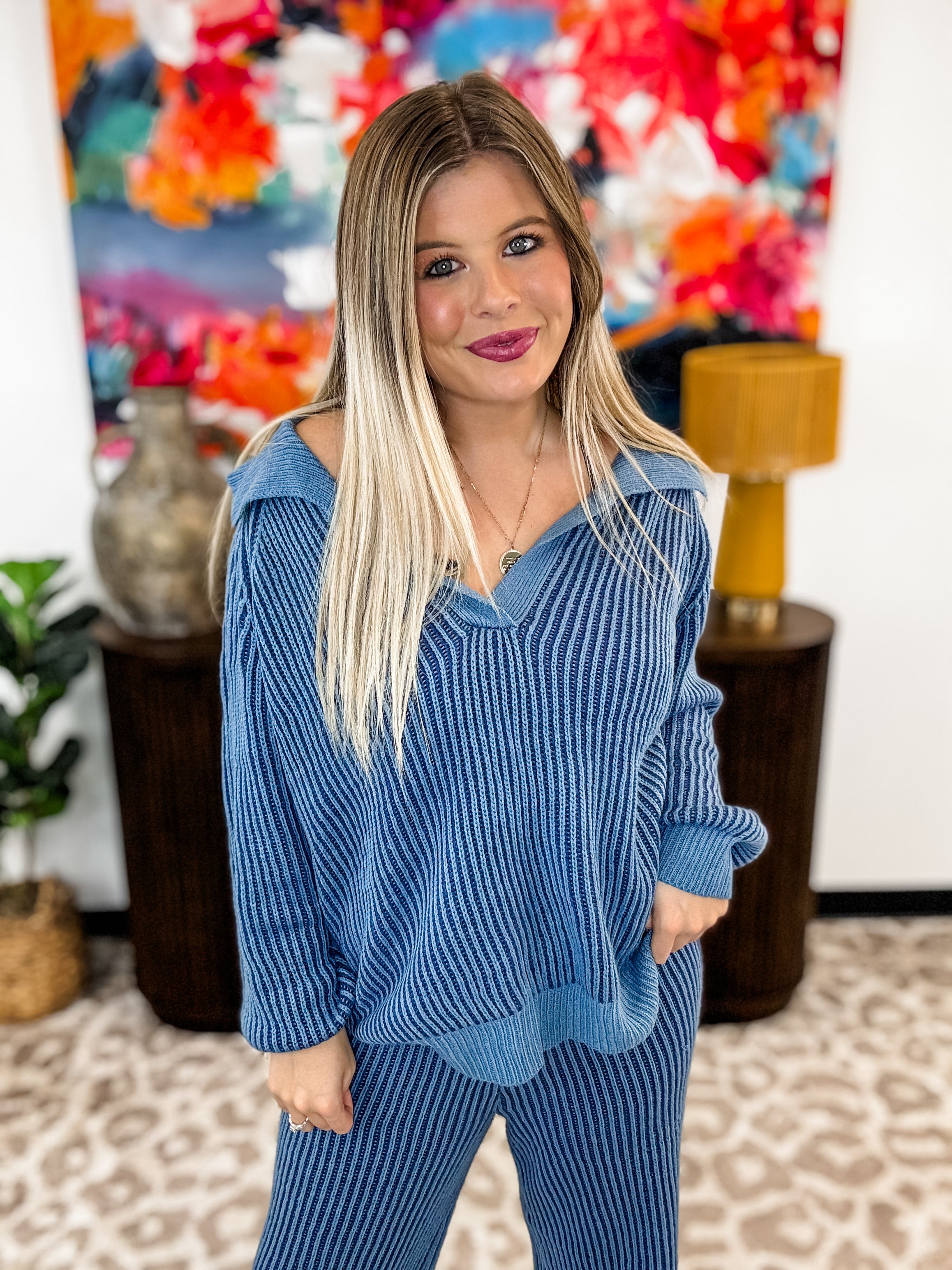 Gentle Glow Rib Knit Set - Navy