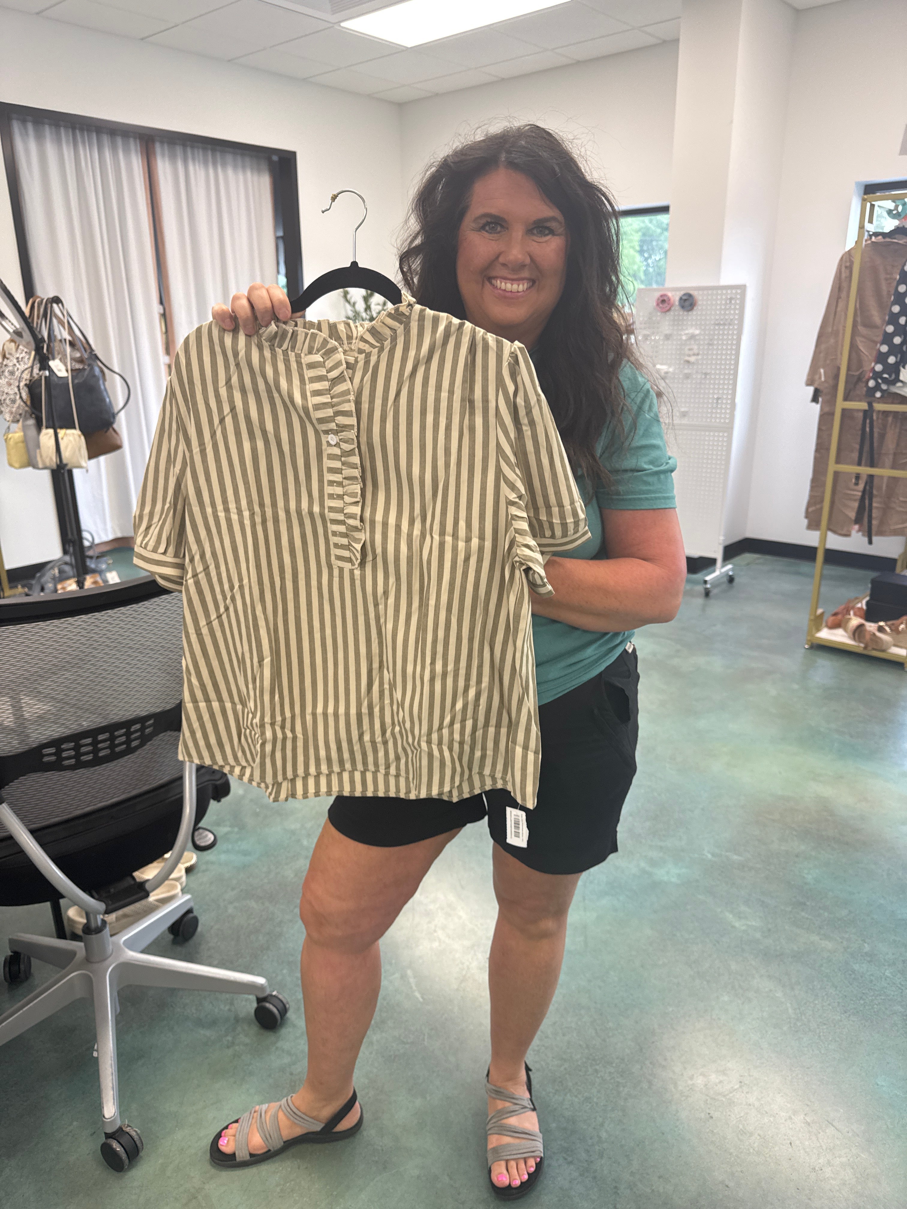 Ruffle V-Neck Striped Button Blouse - Olive