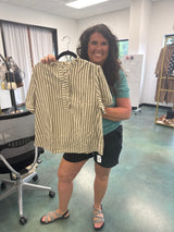 Ruffle V-Neck Striped Button Blouse - Olive