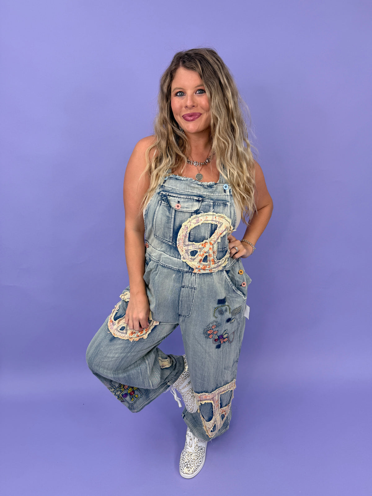 Peace Patchwork Embroidered Denim Bib Overalls
