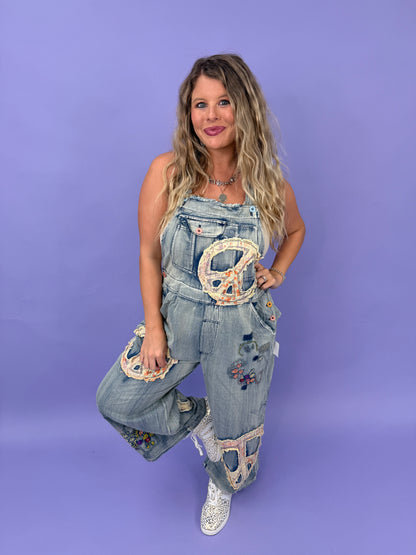Peace Patchwork Embroidered Denim Bib Overalls