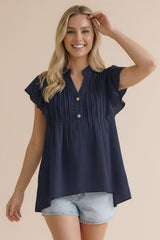 Breezy Textured Flutter Sleeve Blouse - Navy