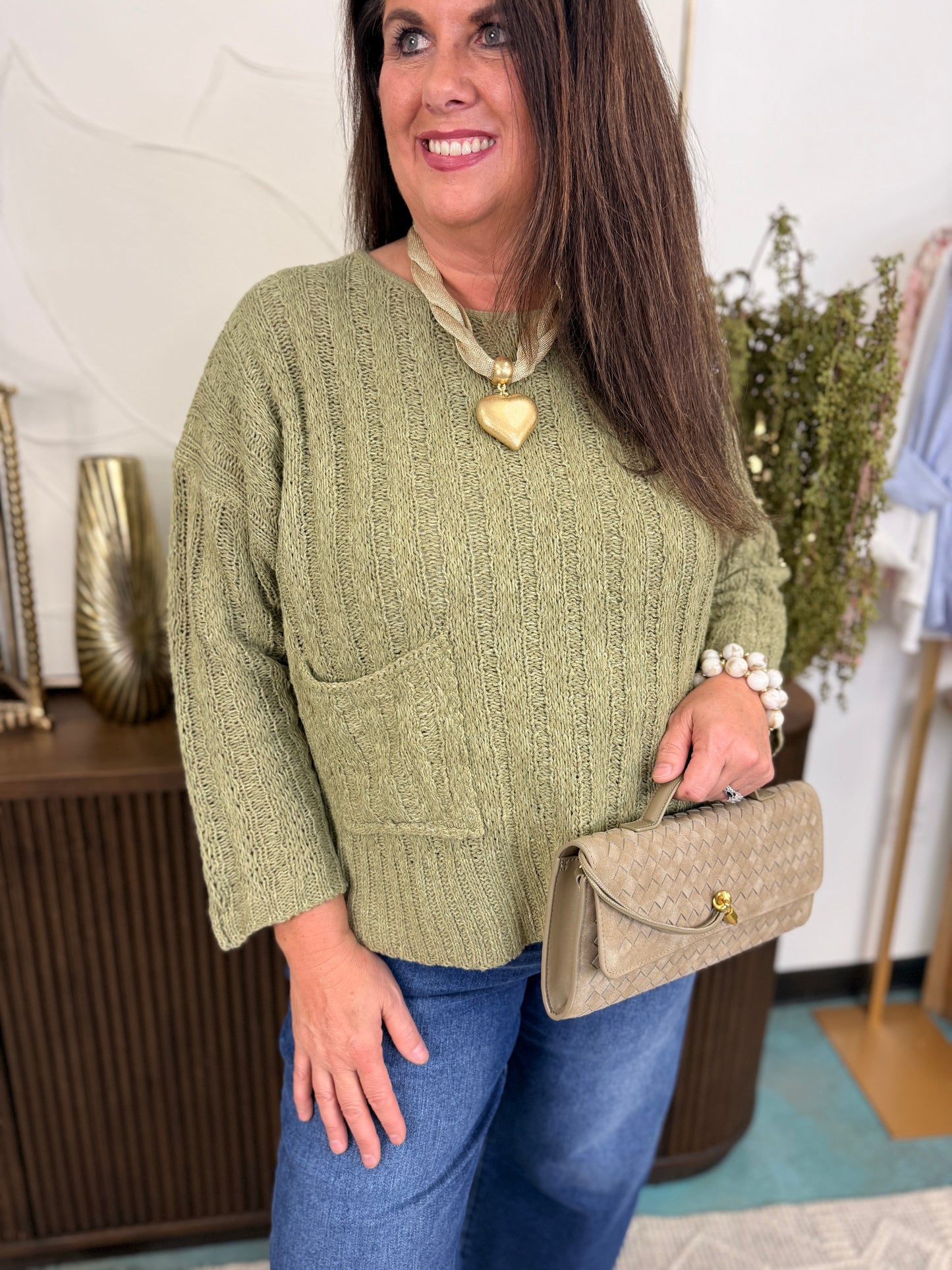 Relaxed Fit Rib Knit Pocket Sweater