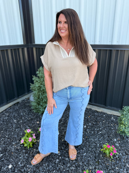 Lace Trim V-neck Short Sleeve Blouse