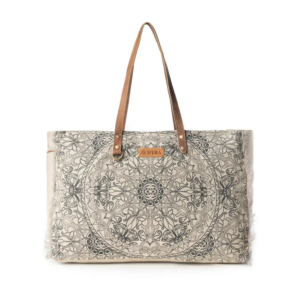 Myra: Wildmandala Weekender Bag For Women in Ivory with Vintage Print Detail