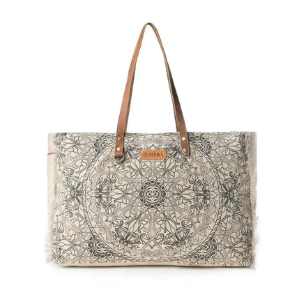 Myra: Wildmandala Weekender Bag For Women in Ivory with Vintage Print Detail