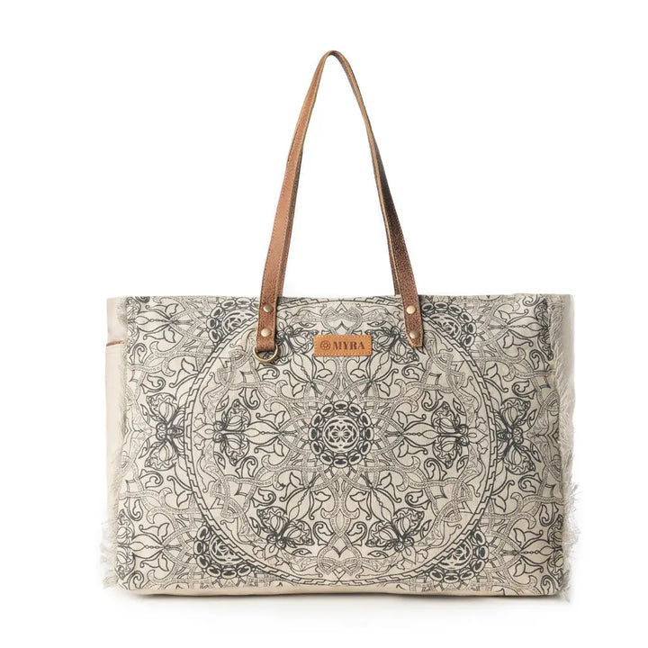 Myra: Wildmandala Weekender Bag For Women in Ivory with Vintage Print Detail