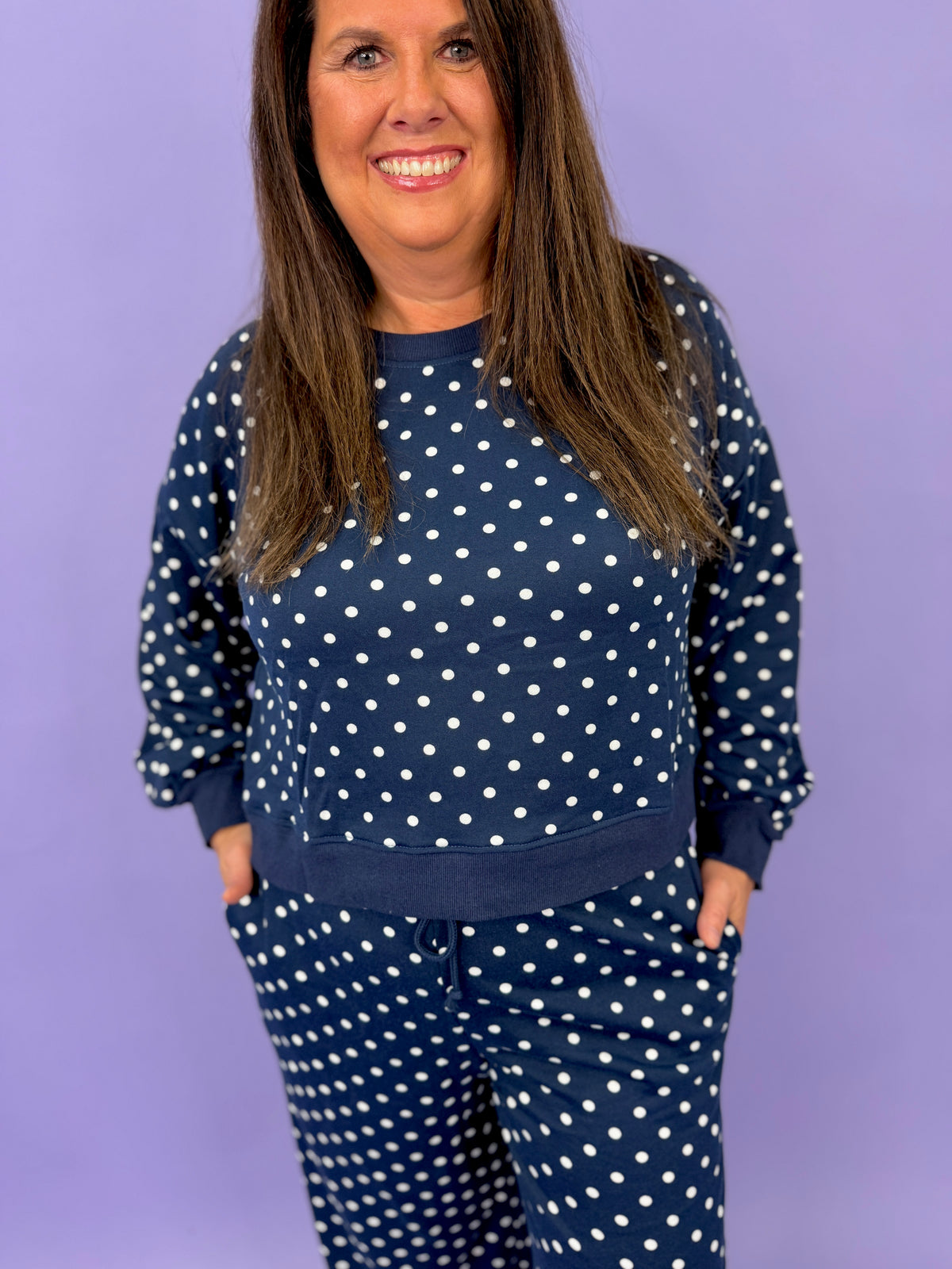 Polka Dot Long Sleeve Top Drawstring Wide Leg Pants Set