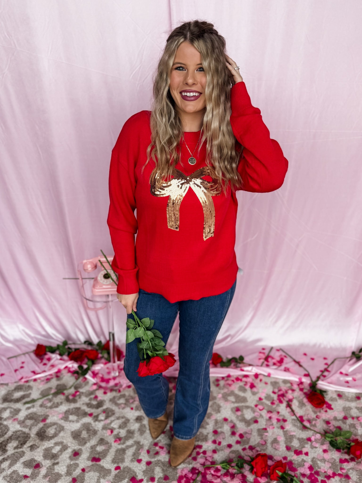 The Sparkle & Shine Bow Sweater - Red