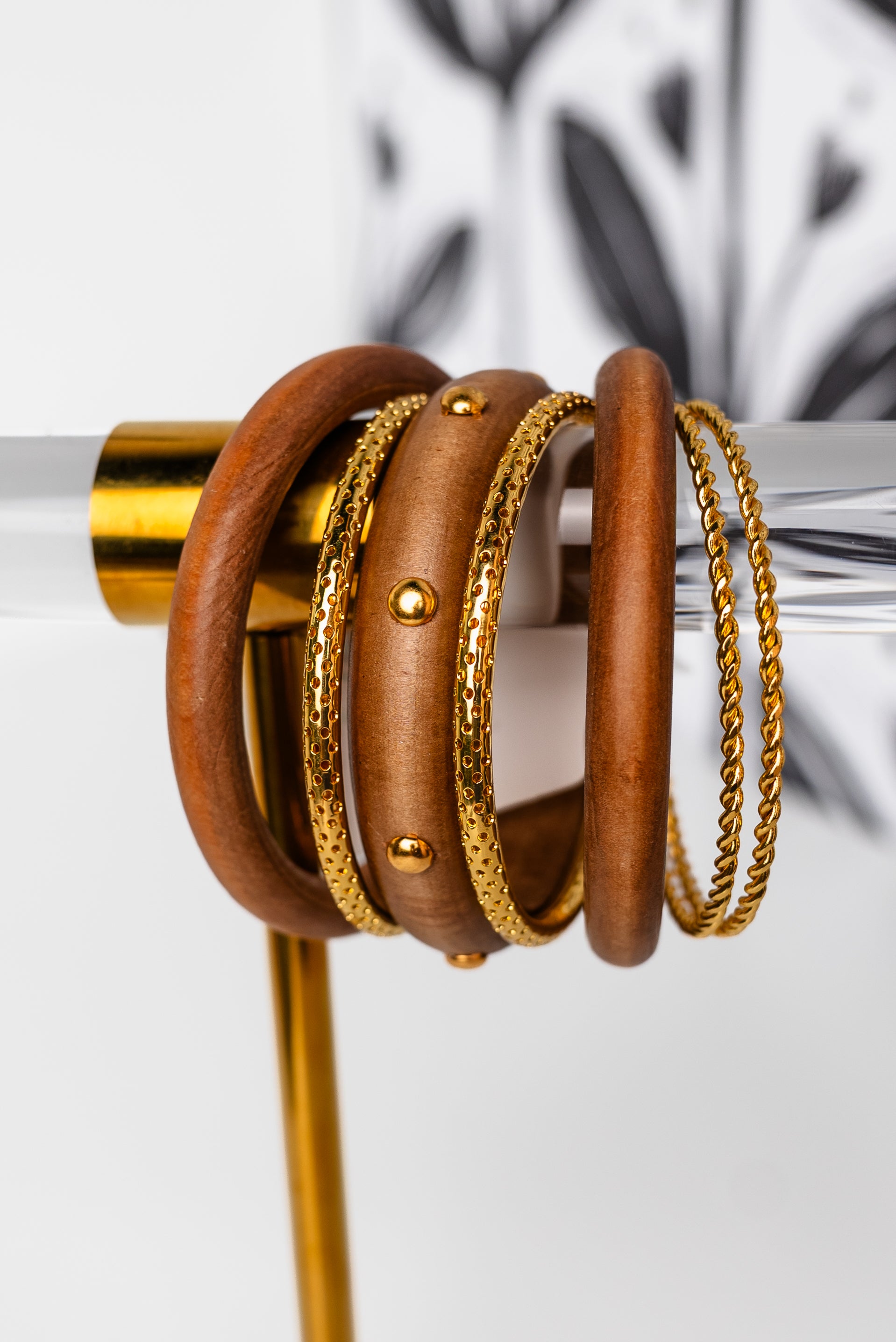 7 Row Wood & Metal Bangle Bracelet