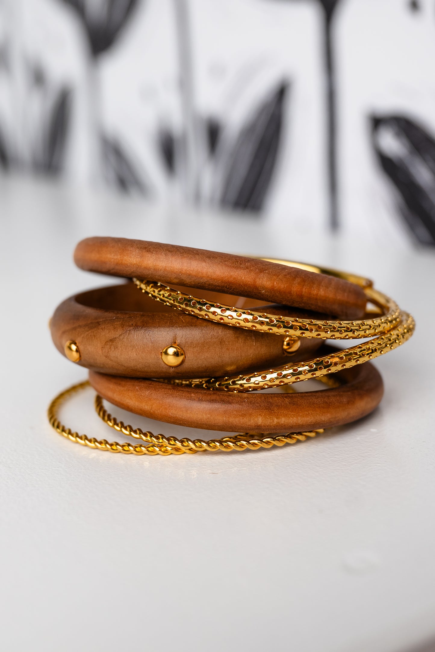 7 Row Wood & Metal Bangle Bracelet