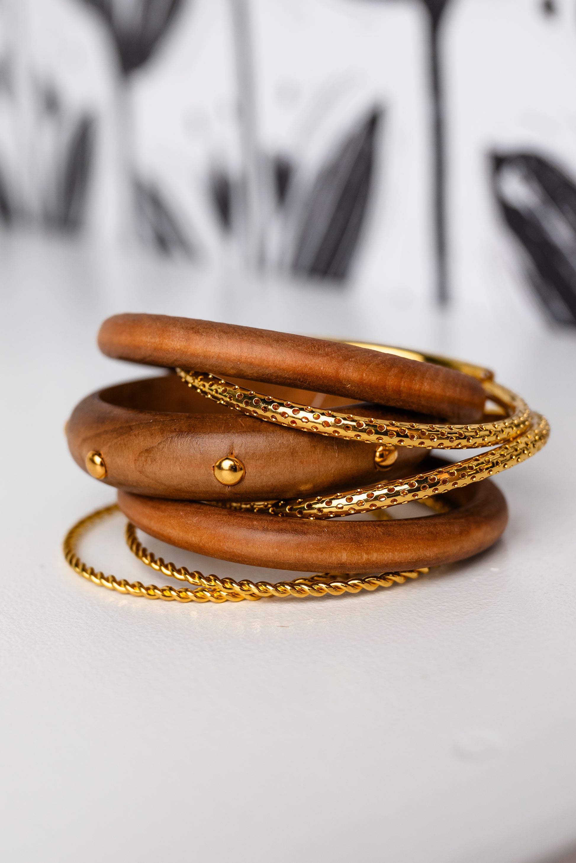 7 Row Wood & Metal Bangle Bracelet
