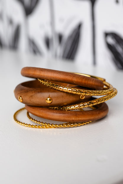 7 Row Wood & Metal Bangle Bracelet
