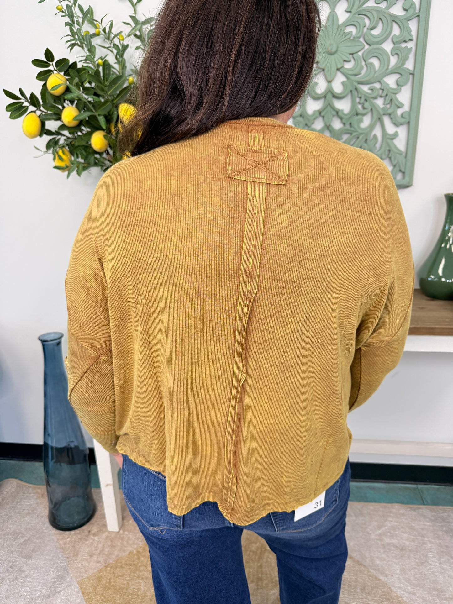 Washed Ribbed Dolman Sleeve Round Neck Top