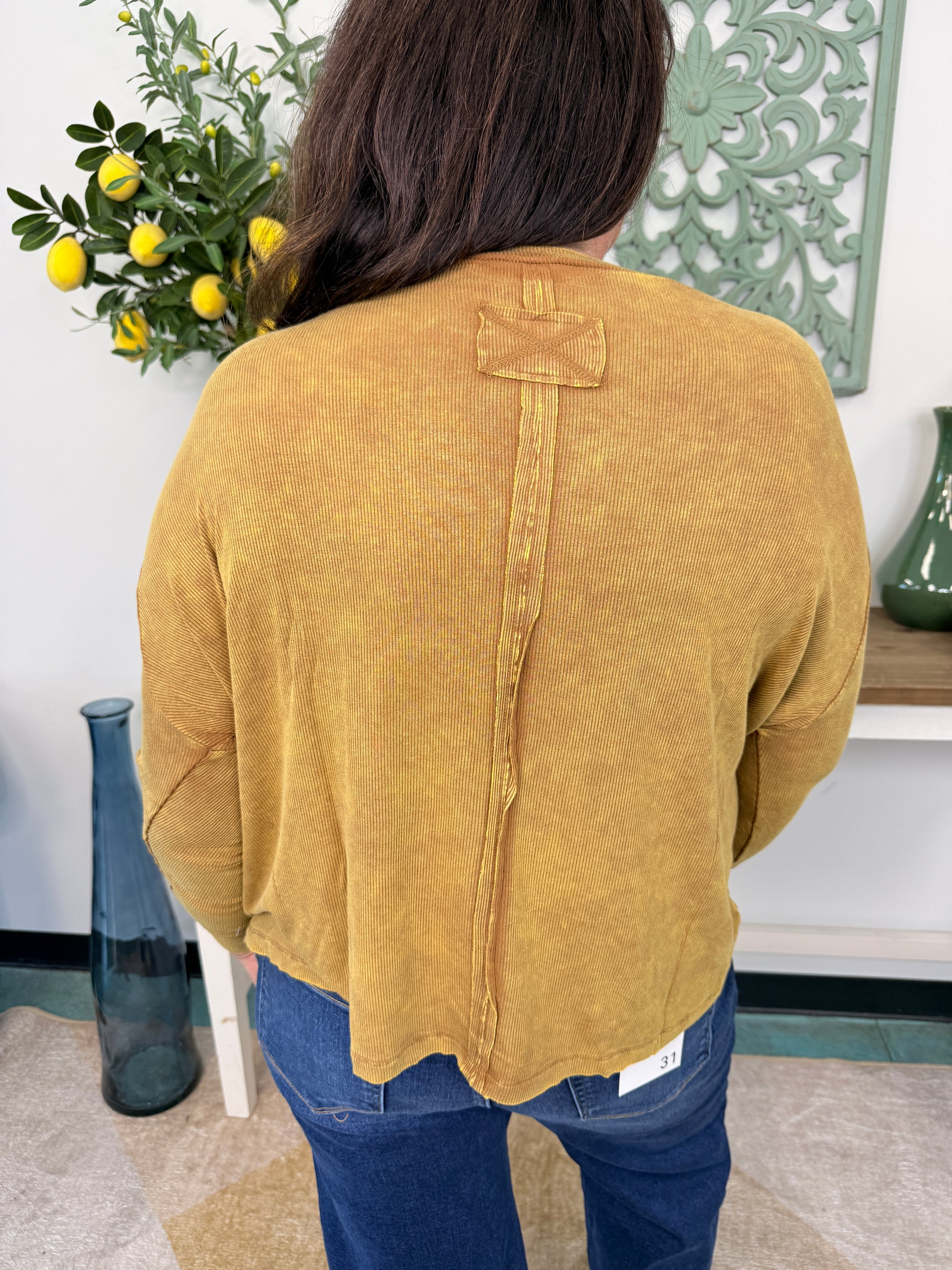 Washed Ribbed Dolman Sleeve Round Neck Top