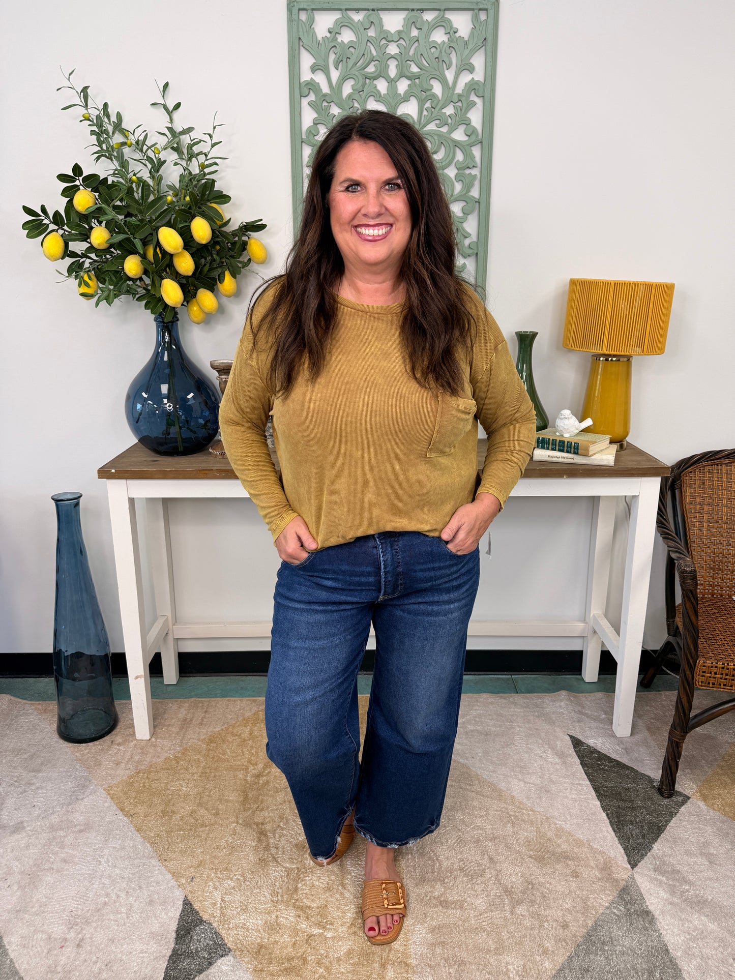 Washed Ribbed Dolman Sleeve Round Neck Top