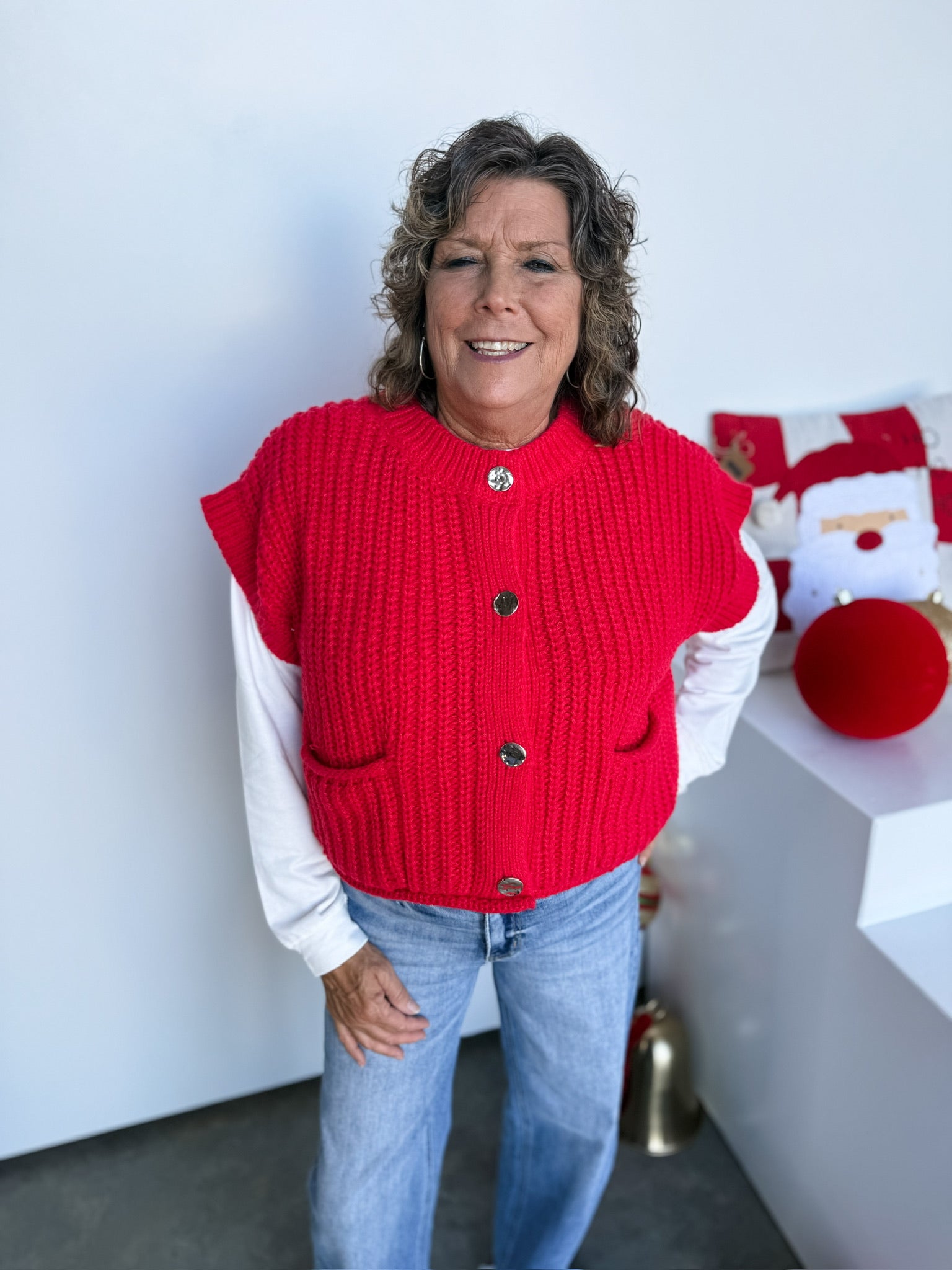 Luxe Vintage Gold Button Front Pocket Cardigan - Red