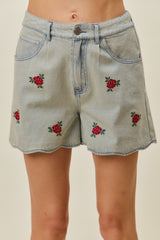 Rose Embroidery High Rise Scallop Hem Denim Shorts