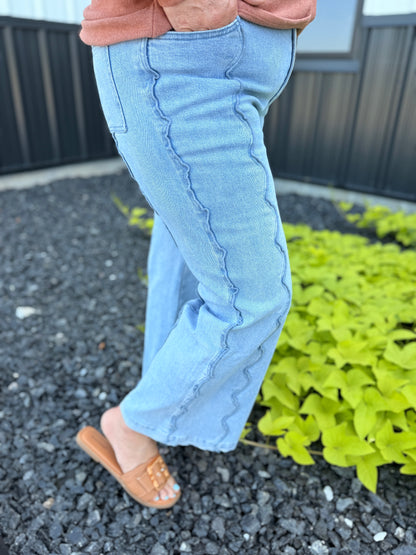 Scalloped Seam Wide Leg Denim Jean