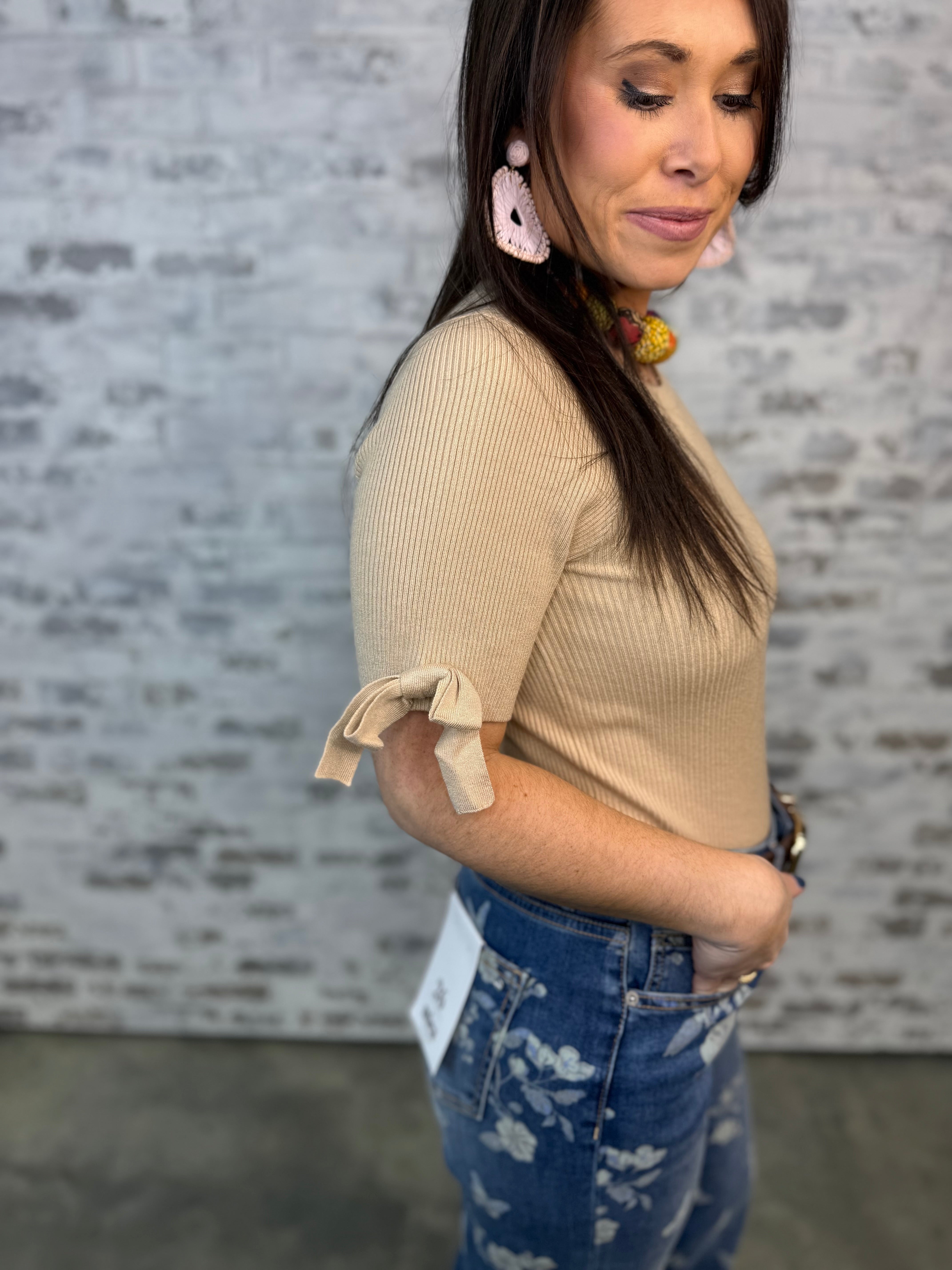 Blush Bow Patch Top - Latte