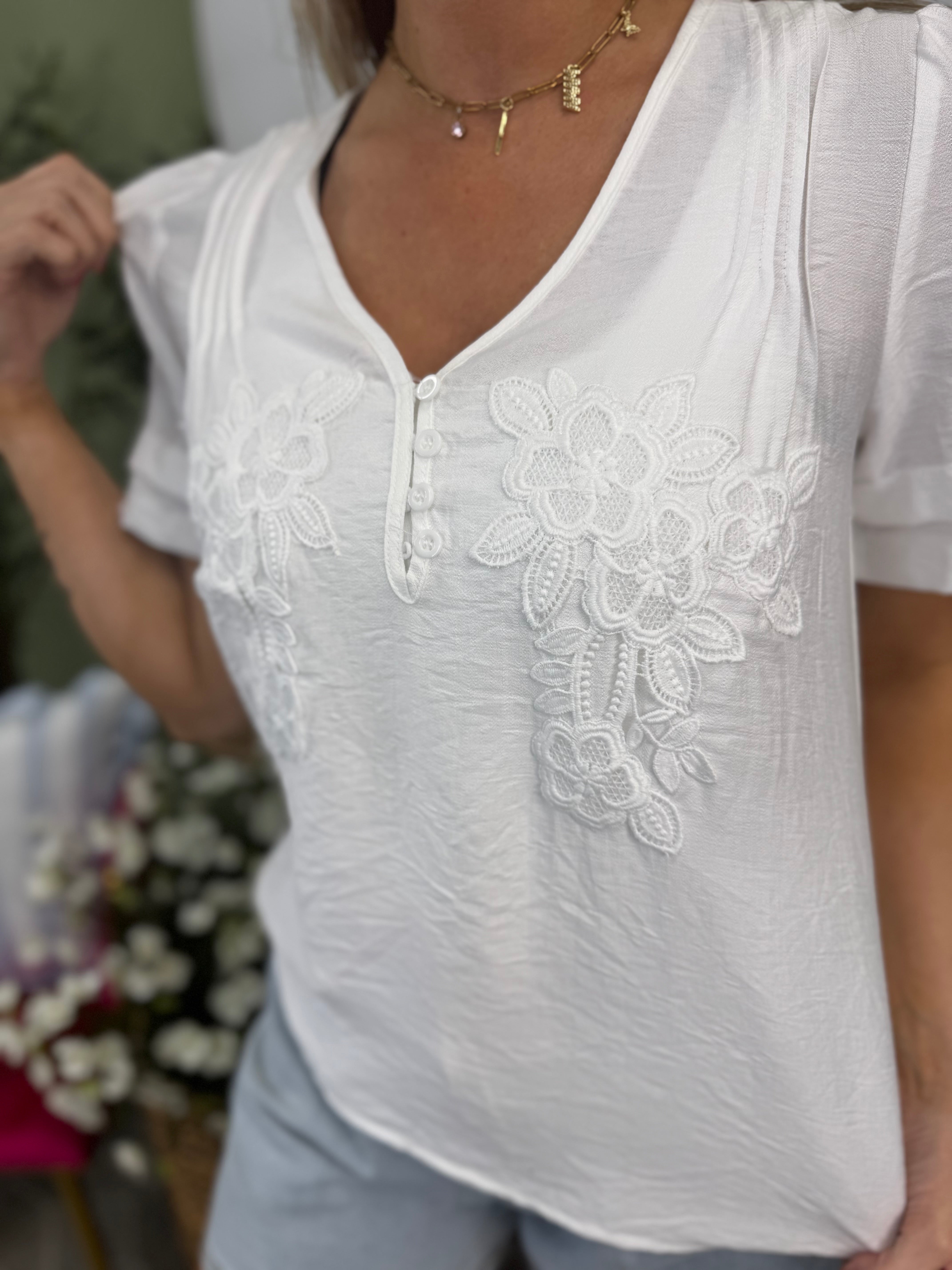 Pintuck Floral Embroidered V-Neck Blouse