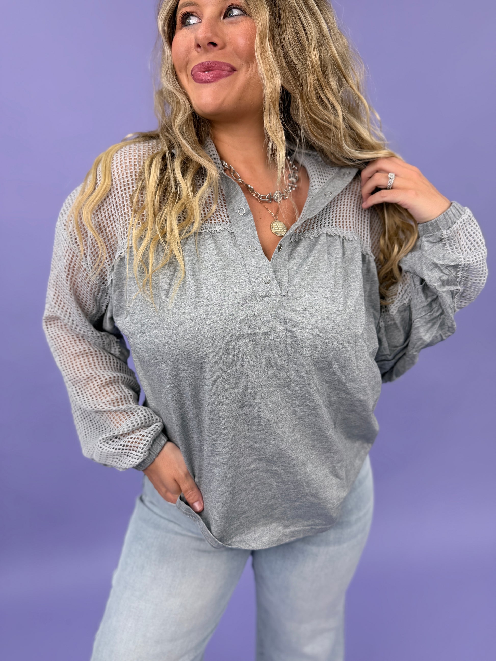 Oversized High Neck Henley Knit Top DOORBUSTER