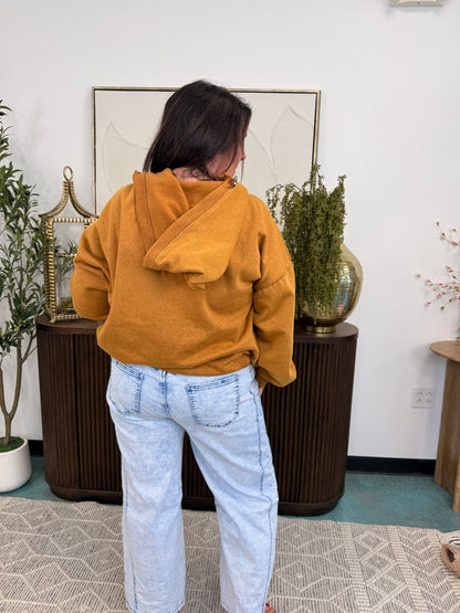 Washed Stitch Elastic Hem Half Zip Fleece Hoodie