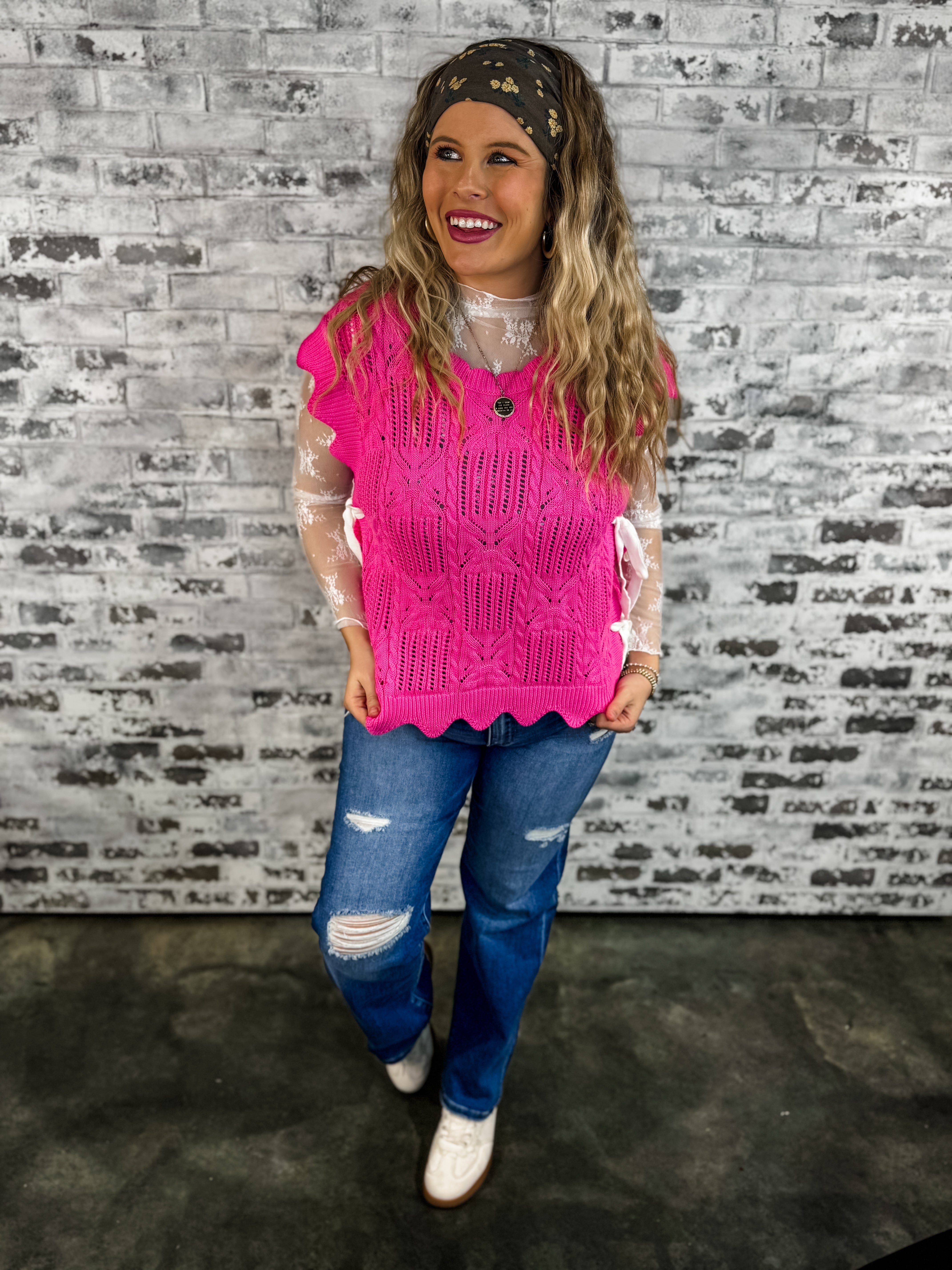 Sweet Scallop Tie Sweater Top - Pink