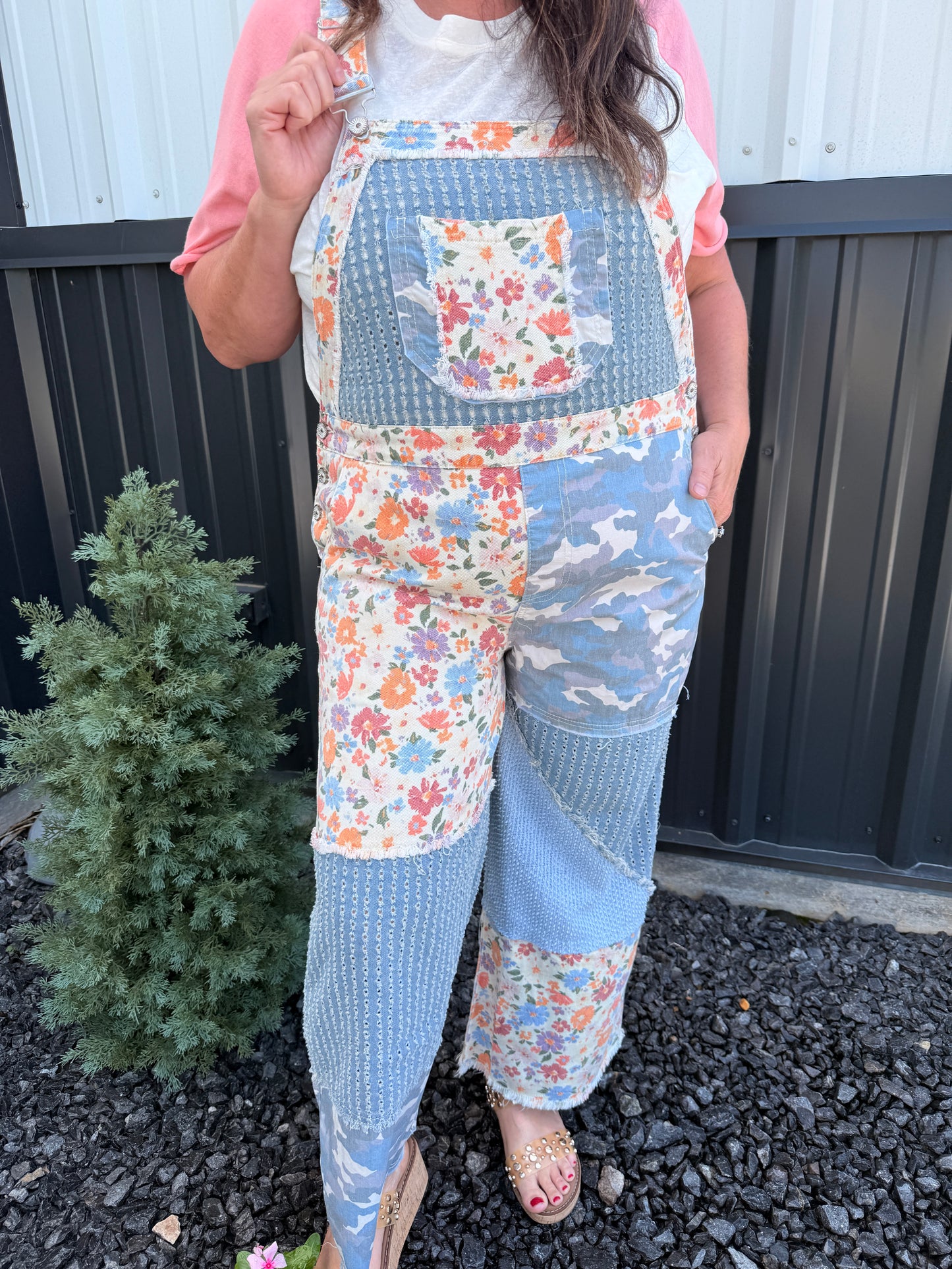 Animal Printed Floral Print Frayed Edge Twill Woven Overalls